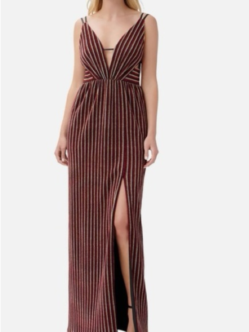 Aidan by Aidan Mattox Multicolor Metallic Striped V-Neck Maxi Dress